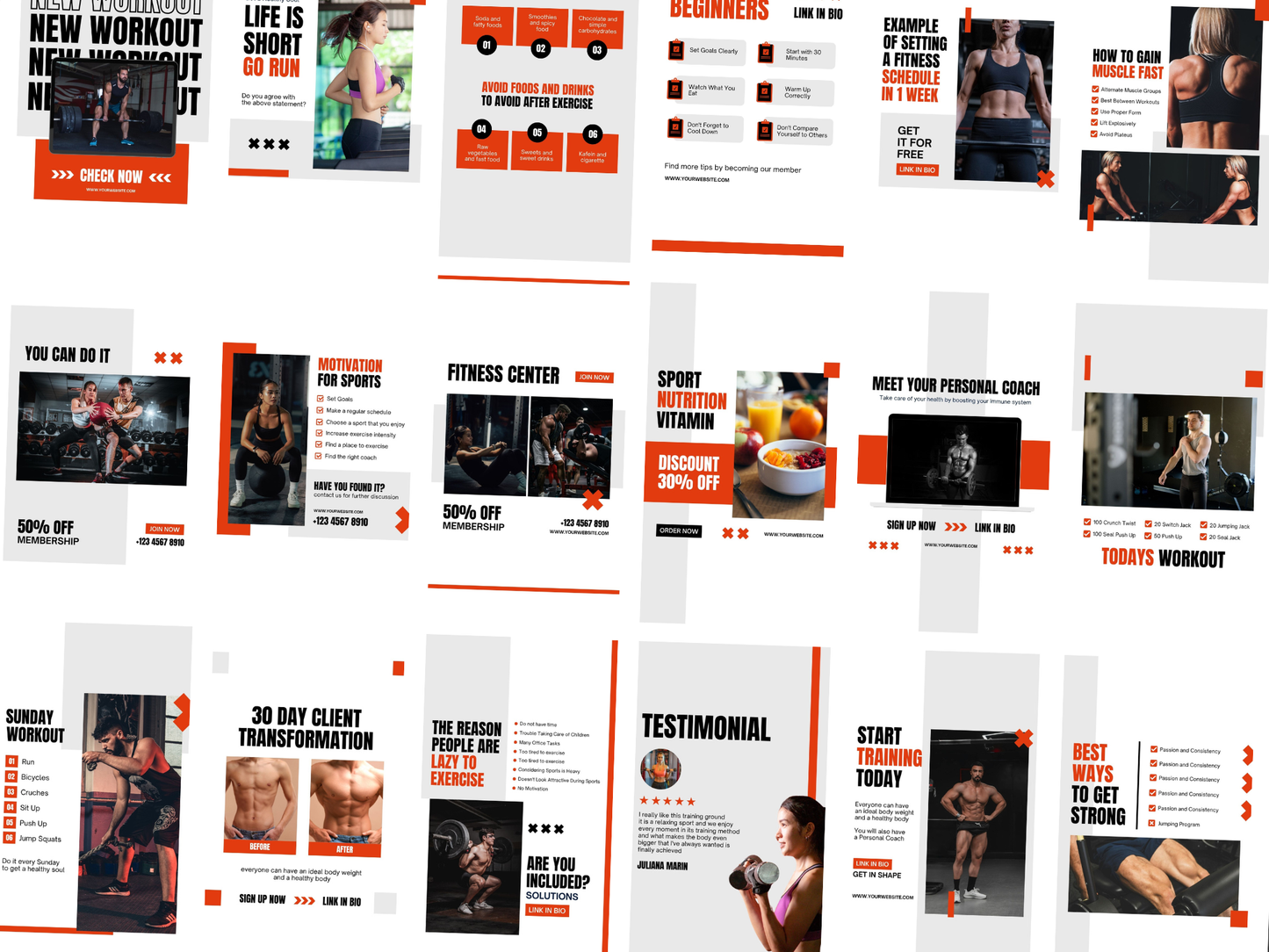 120 Gym & Fitness Instagram Canva Template for Personal Trainer, Fitness Coach & gym Trainers