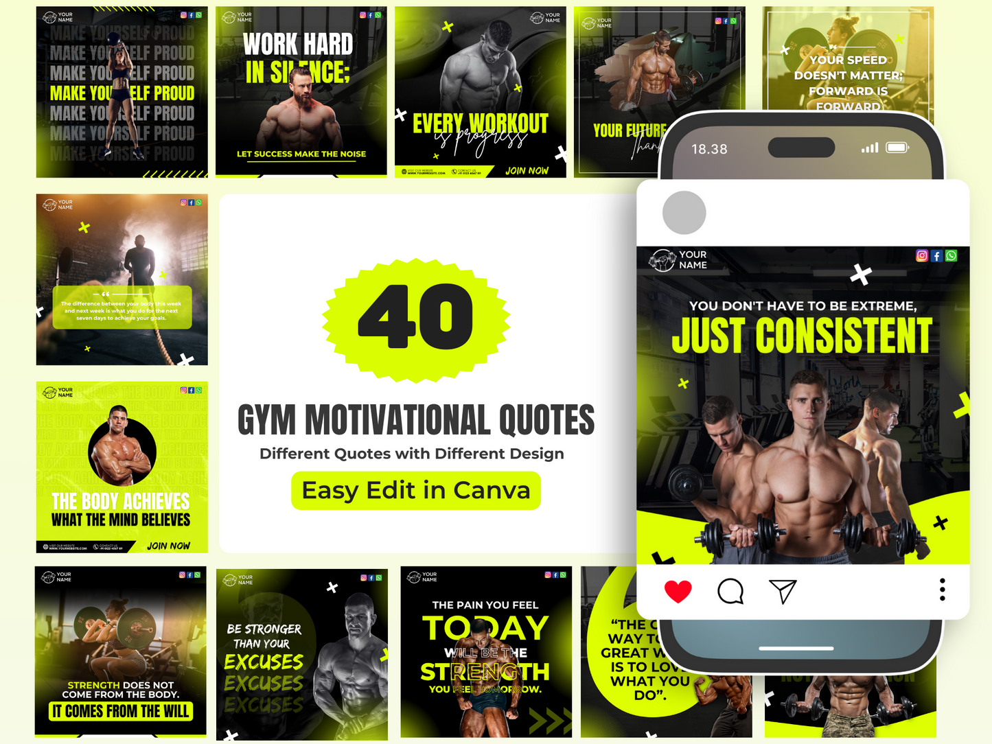 GYM Motivational Instagram Canva Templates for Fitness Trainers