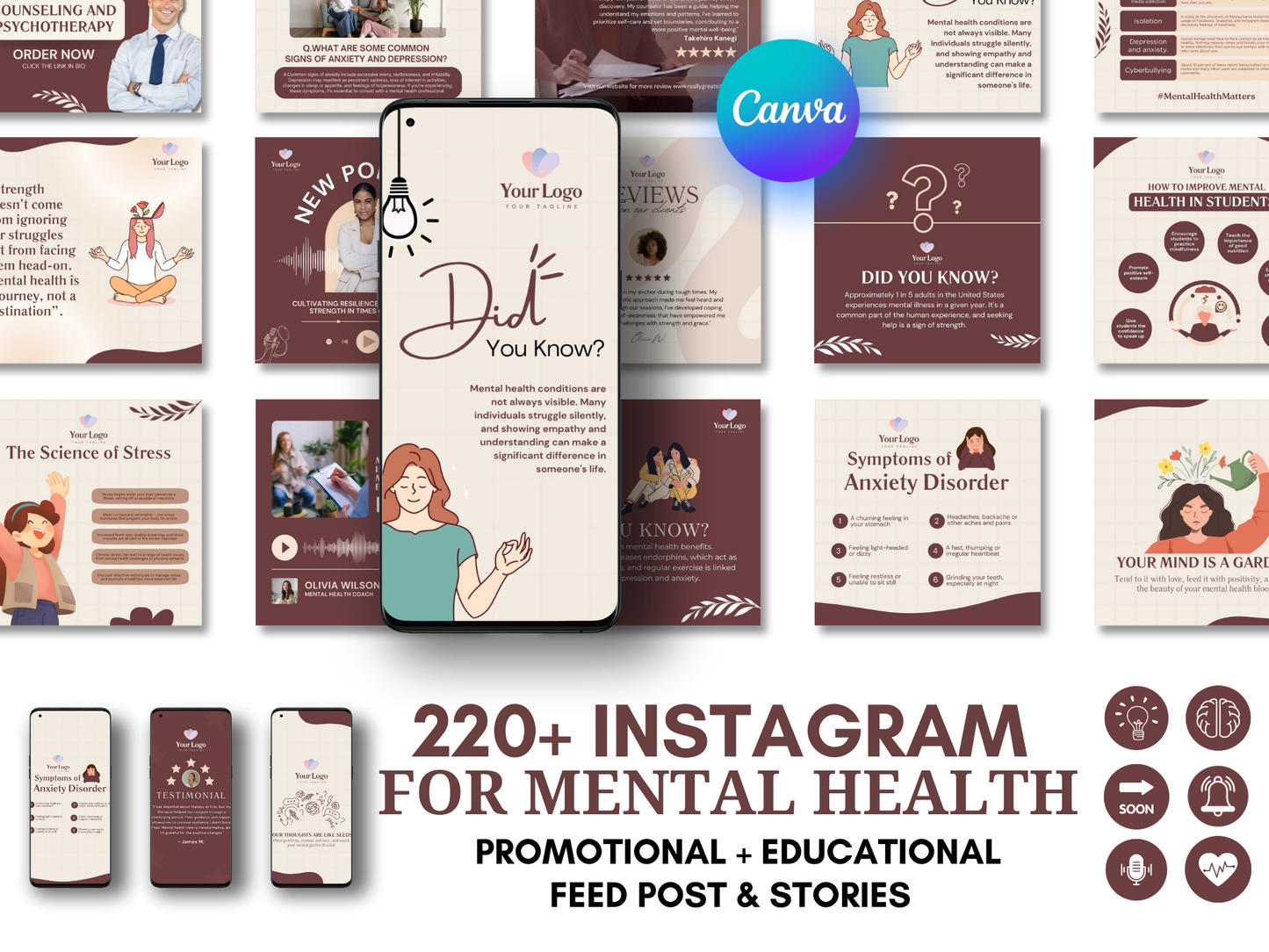 Mental Health Instagram Canva Templates for Therapist, Psychologist & Coaches