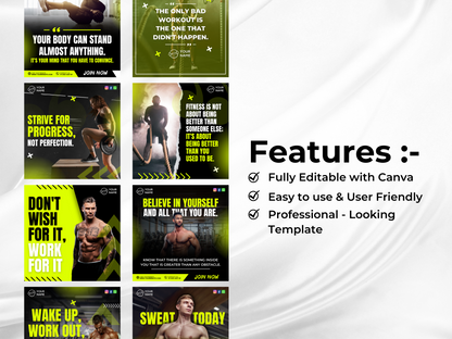 GYM Motivational Instagram Canva Templates for Fitness Trainers