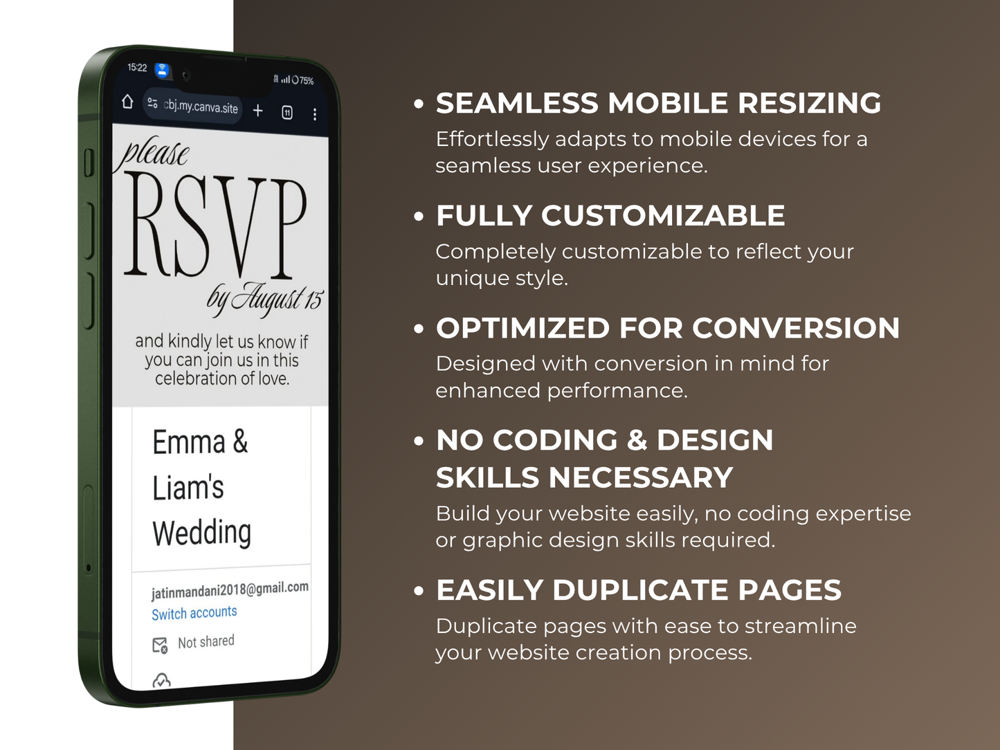 Canva Editable Wedding Website Invitation with Embedded Countdown Timer & Trackable RSVP