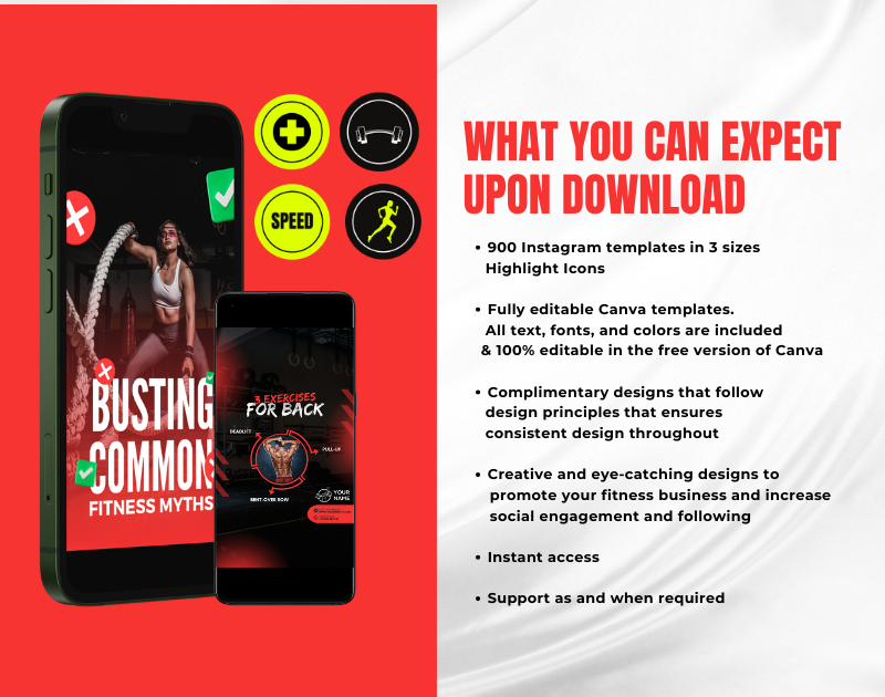 Gym & Fitness Instagram Canva Templates Bundle Kit for Personal Trainer & Coaches