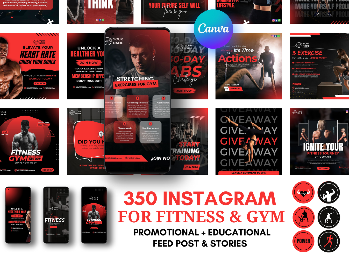 Gym & Fitness Instagram Canva Templates for Personal Trainer & Fitness Coach